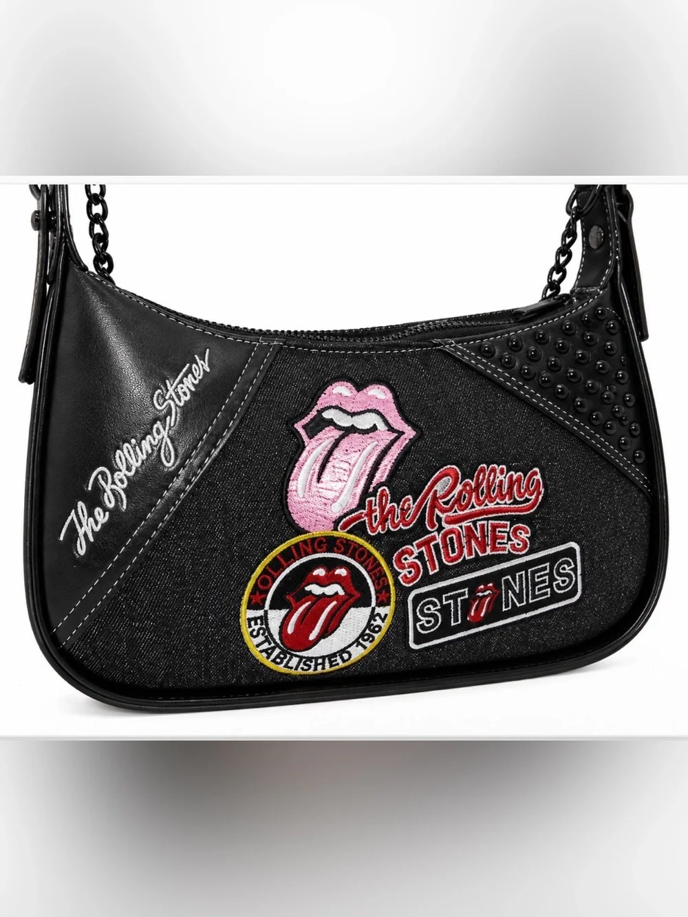 Rolling Stones Black Denim HOBO Shoulder Bag - Gunmetal Studded